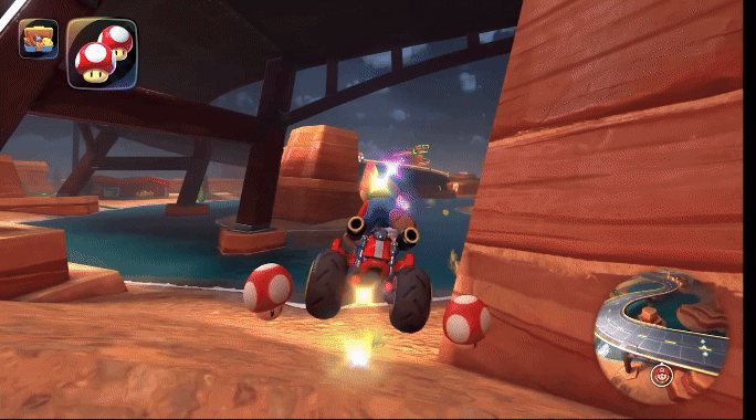 Video game scene of a racer on a red ATV using speed boost. Wooden canyon setting with bridge. Energy sparks trail behind. Thrilling mood.