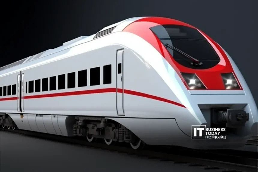 White and red high-speed train on tracks, dark background. Text "IT Business Today" in the corner. Sleek and modern design.