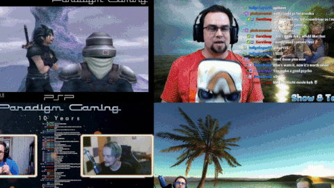 Collage of video game streams featuring various games. Gamers react and engage with the audience. Notable text: Paradigm Gaming.