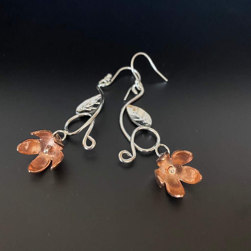 Thumbnail: Long Coper and Silver Flower Drop Earrings
