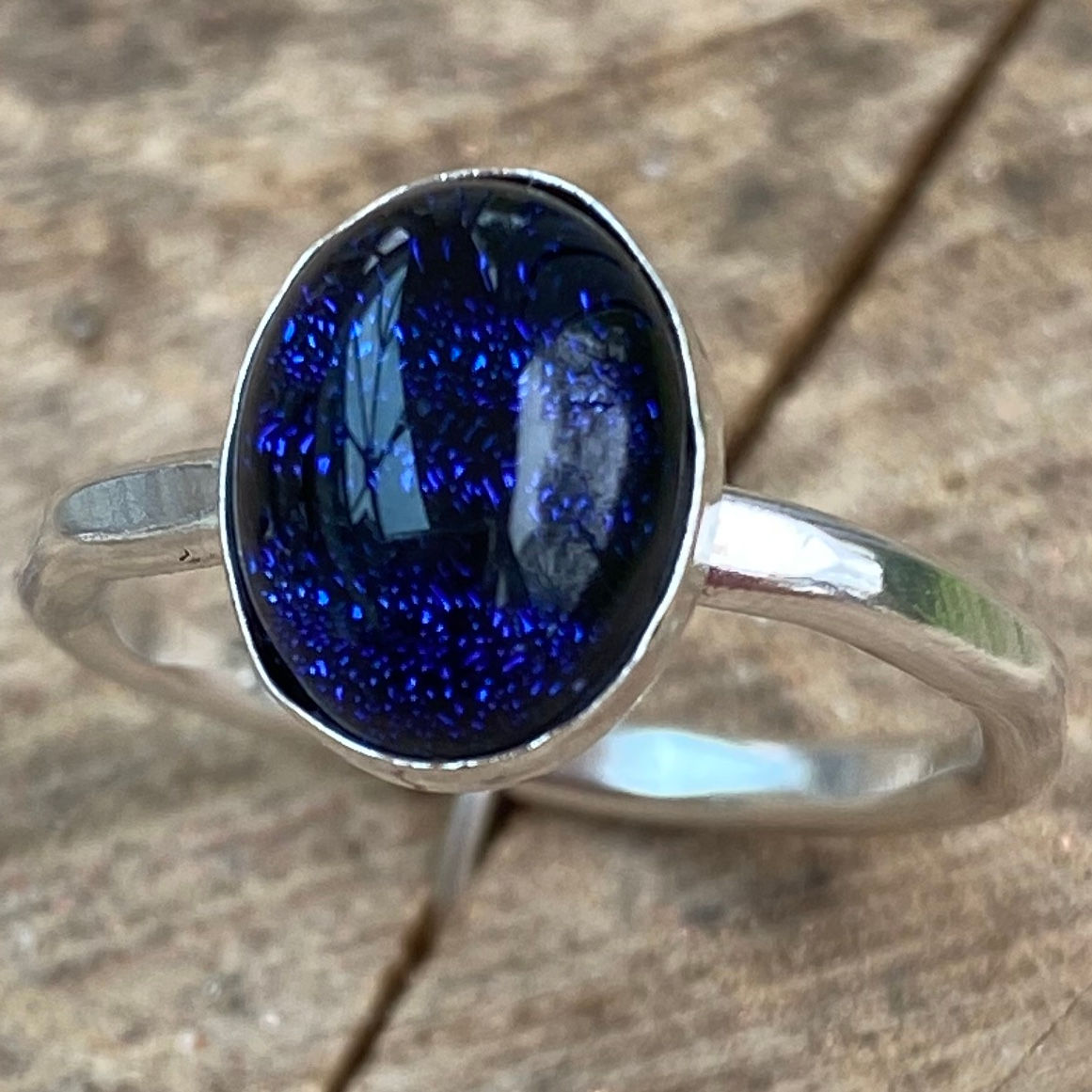 Dark Blue Black Diachroic Stone Set Silver Stacking Ring size L
