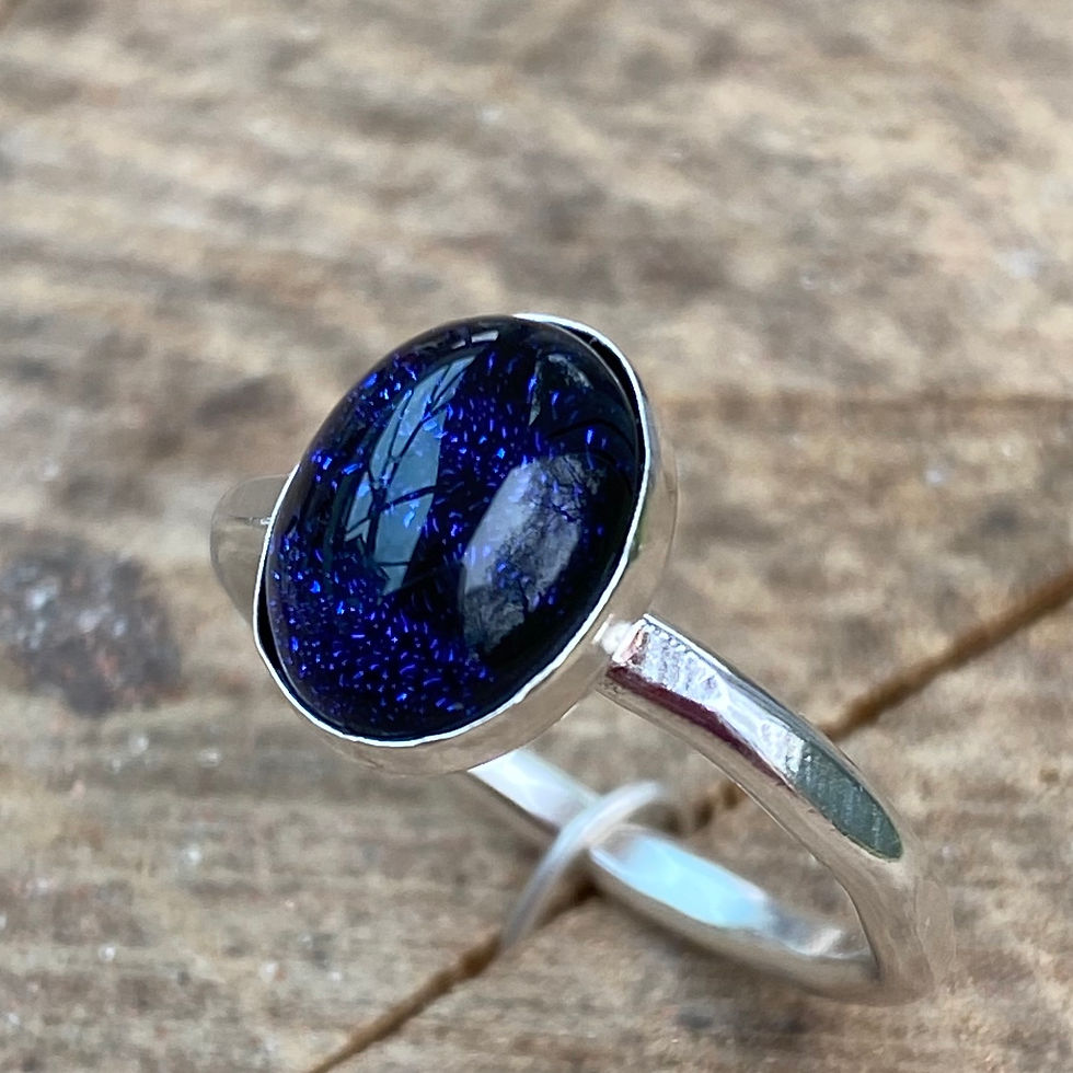 Thumbnail: Dark Blue Black Diachroic Stone Set Silver Stacking Ring size L