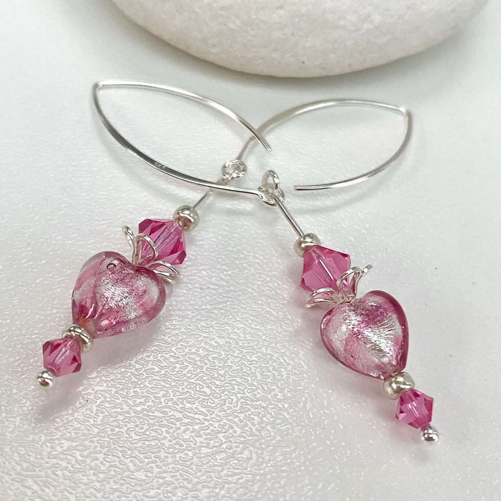 Thumbnail: Venetian Murano Glass Heart Earrings Long Drop  Murano Glass Heart and Crystals
