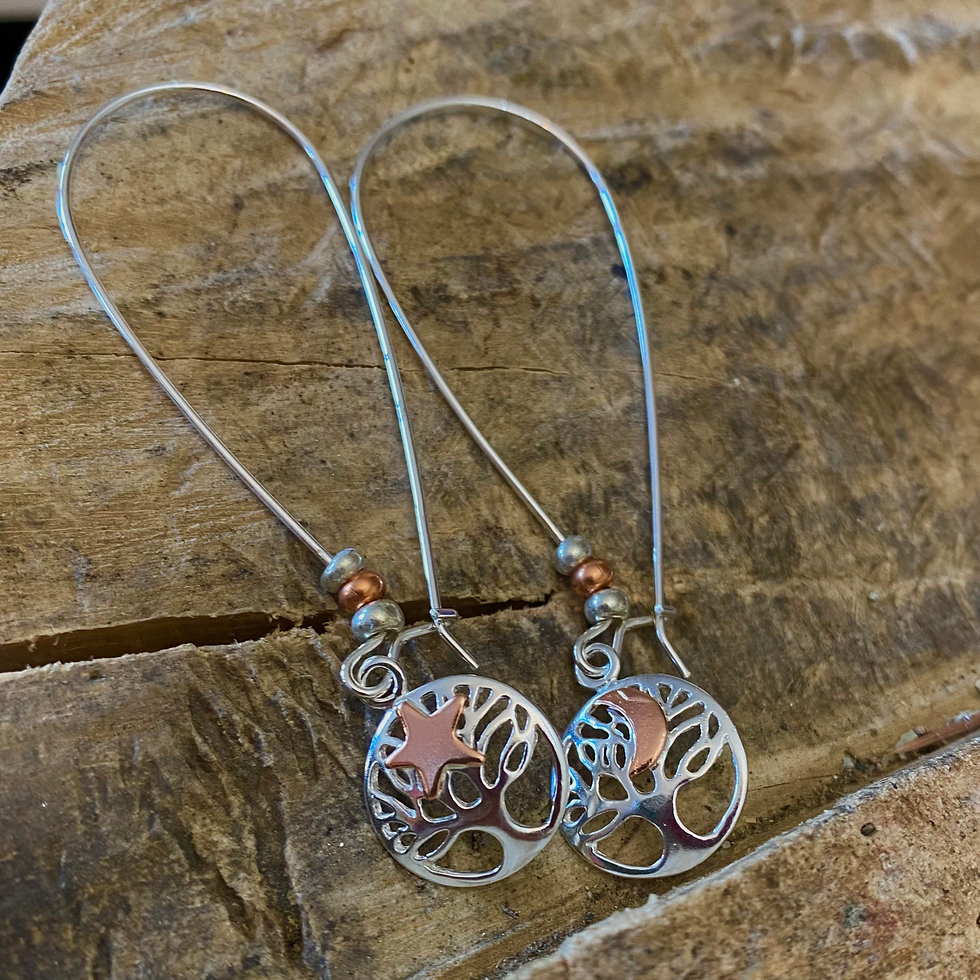 Thumbnail: Earrings Moon Star Tree Long Drop Silver Copper Earrings Lightweight