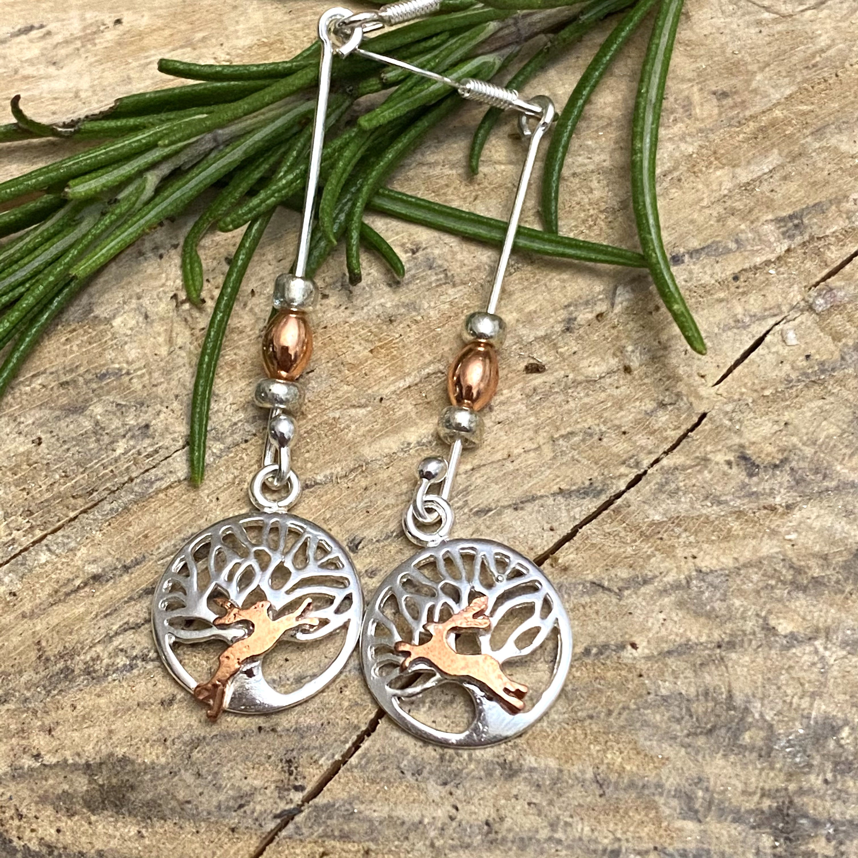 Earrings boxing Hares Tree of Life Drop Earrings Silver and copper