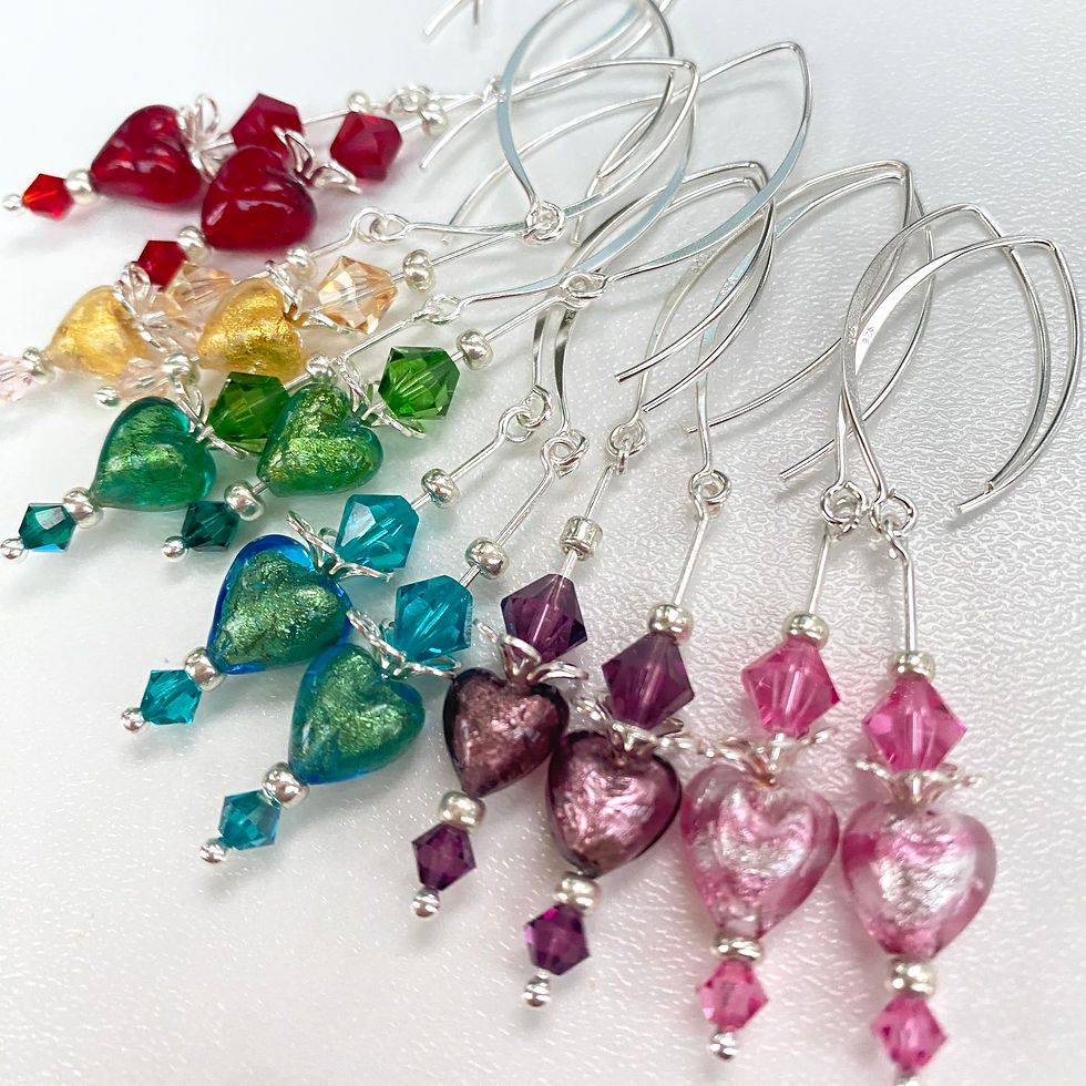 Thumbnail: Venetian Murano Glass Heart Earrings Long Drop  Murano Glass Heart and Crystals
