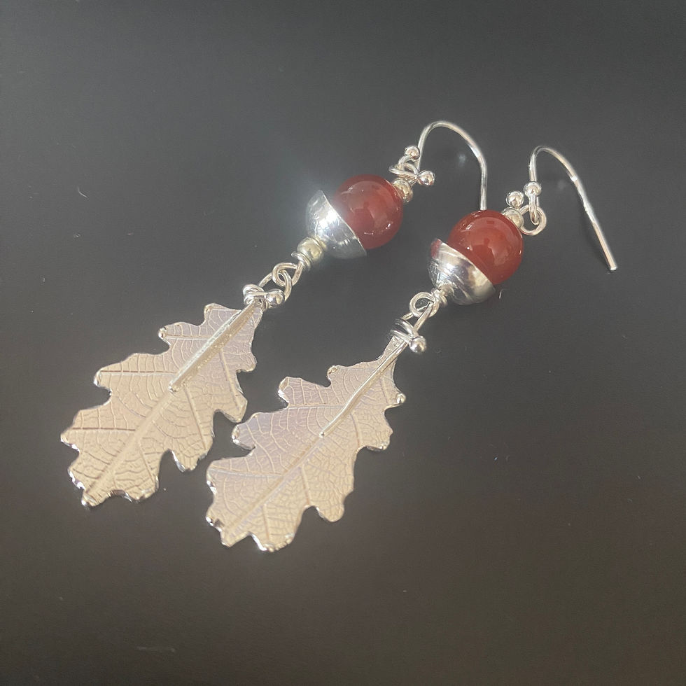 Thumbnail: Acorn and Oak Leaf Log Drop Earrings © - Sterling Silver (Eco Silver)