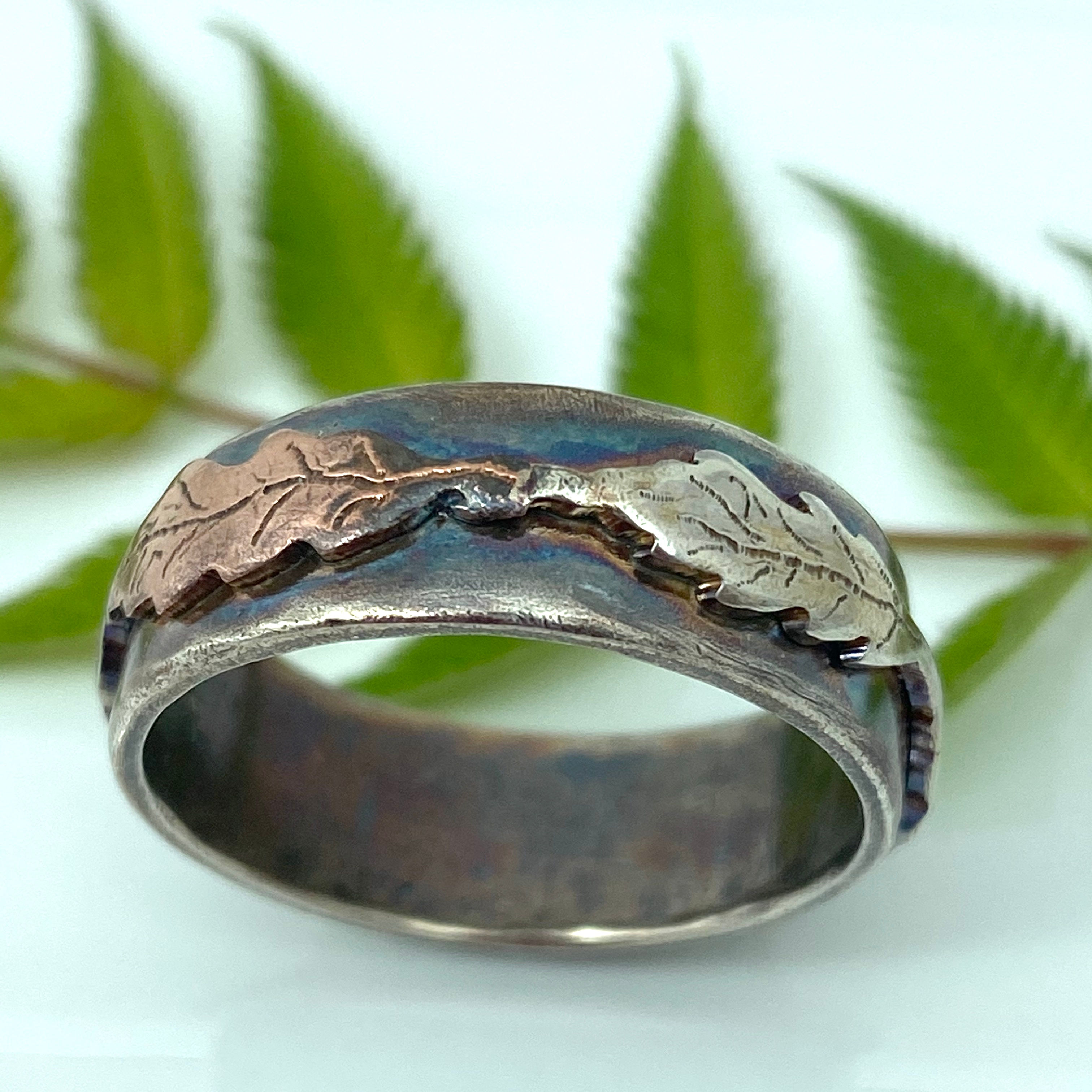 Oak Leaf Ring in Oxidised Silver with copper leaf detail size V