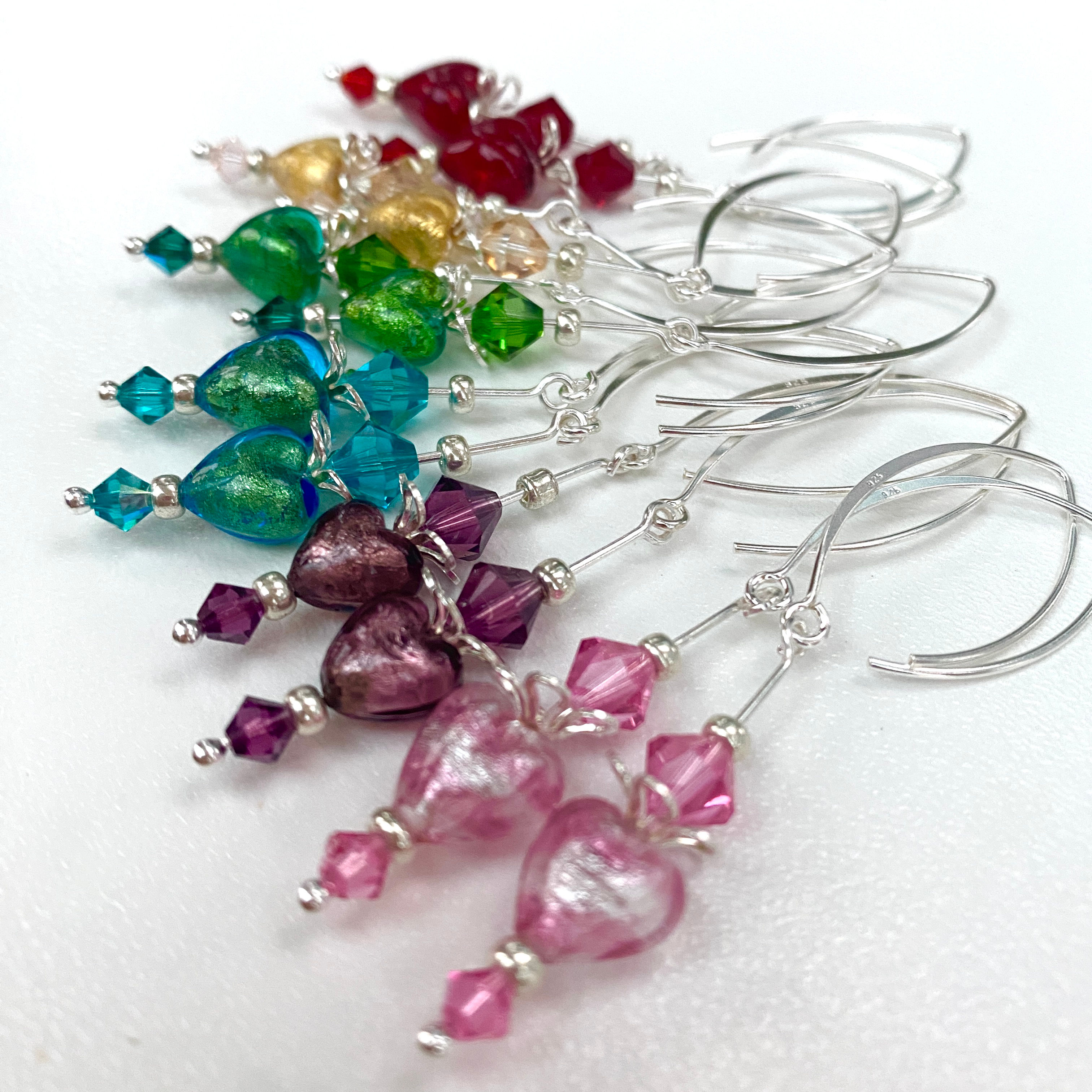 Venetian Murano Glass Heart Earrings Long Drop Murano Glass Heart and Crystals