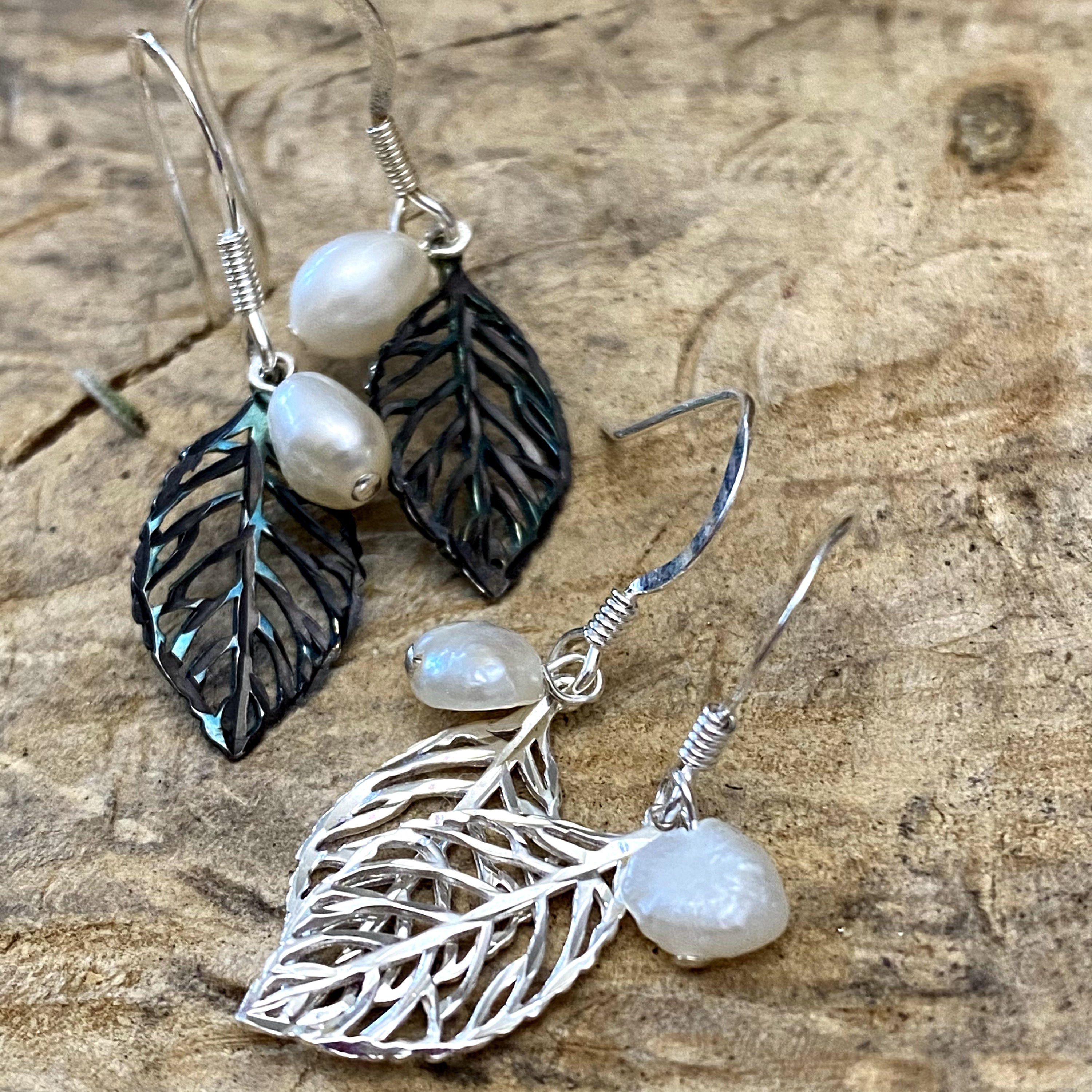 Pearl and Leaf Drop Earrings