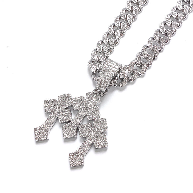 Thumbnail: New Iced Out Stacked Crosses Pendant Necklaces for Men With 13mm Cuban Chain Hip