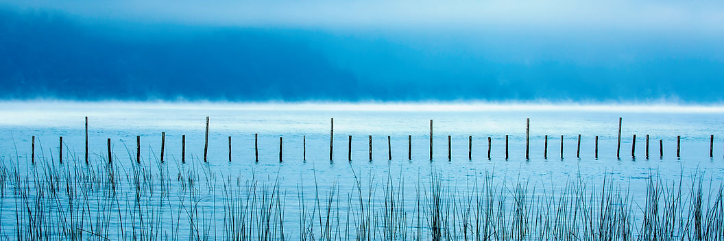 Photo d'art du lac du Bourget avec des réseaux dans la brume le matin