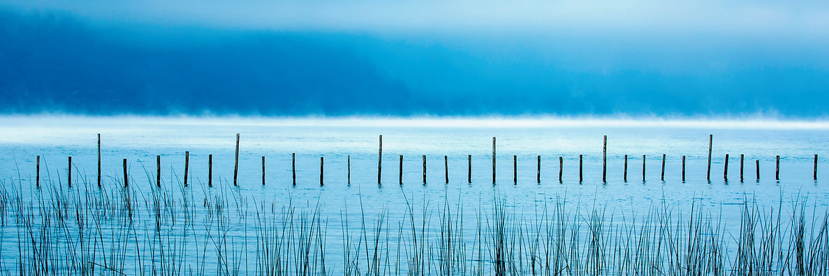 Photo d'art du lac du Bourget avec des réseaux dans la brume le matin
