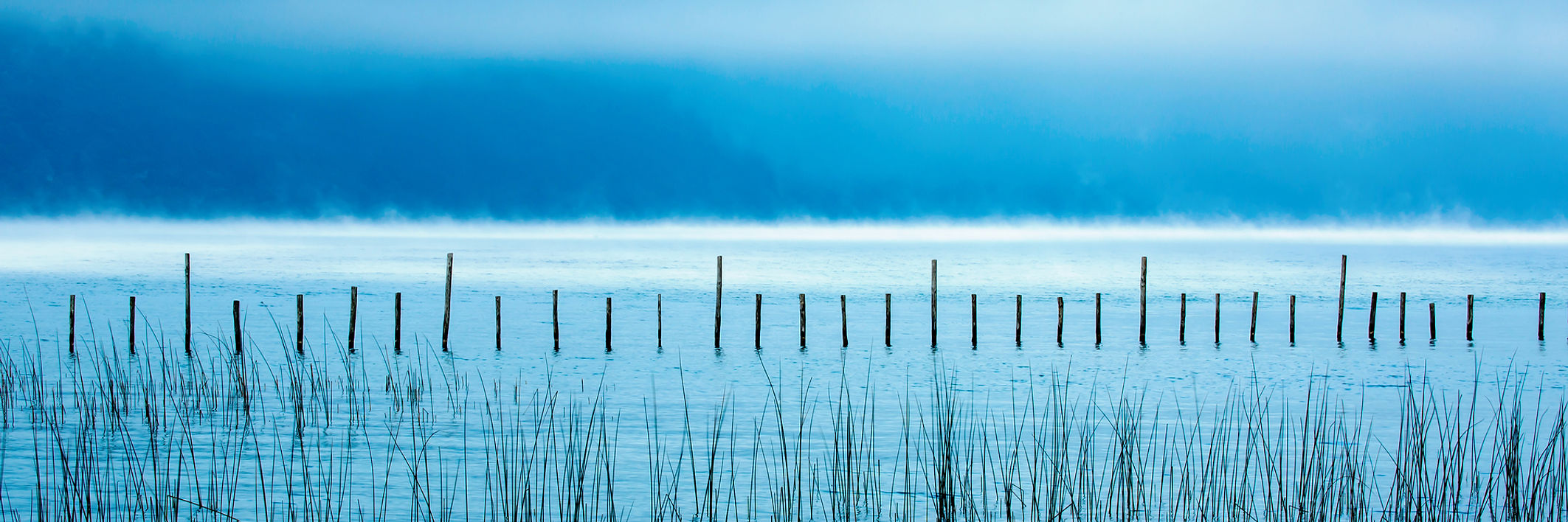 Photo d'art du lac du Bourget avec des réseaux  dans la brume le matin
