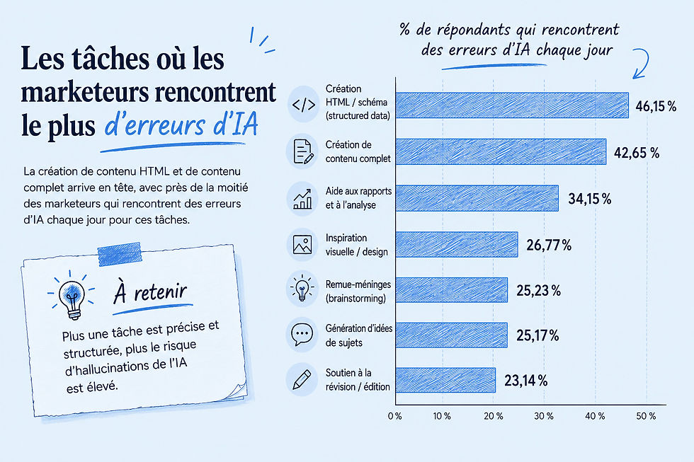 Infographie montrant les tâches où les marketeurs rencontrent le plus souvent des erreurs liées à l’IA, avec des graphiques à barres au style dessiné à la main en tons de bleu comparant des tâches comme la création HTML/schéma, la création de contenu, les rapports, le brainstorming et le soutien à la révision, accompagnés d’un constat mis en évidence : plus une tâche est structurée, plus le risque d’hallucinations de l’IA augmente.