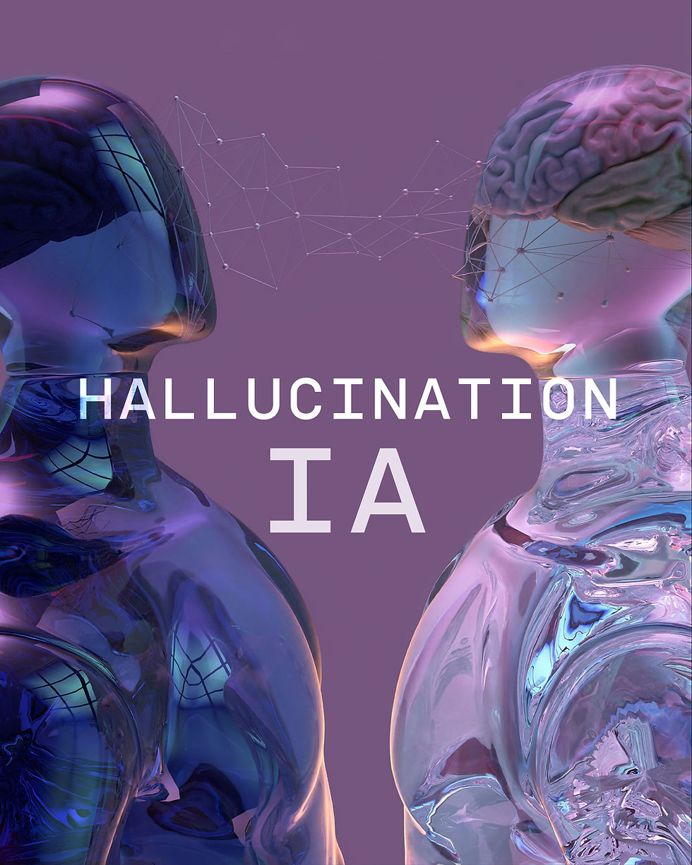 Illustration futuriste de deux silhouettes humanoïdes translucides se faisant face, symbolisant les hallucinations de l’IA, la désinformation et la frontière floue entre l’intelligence artificielle et le raisonnement humain.