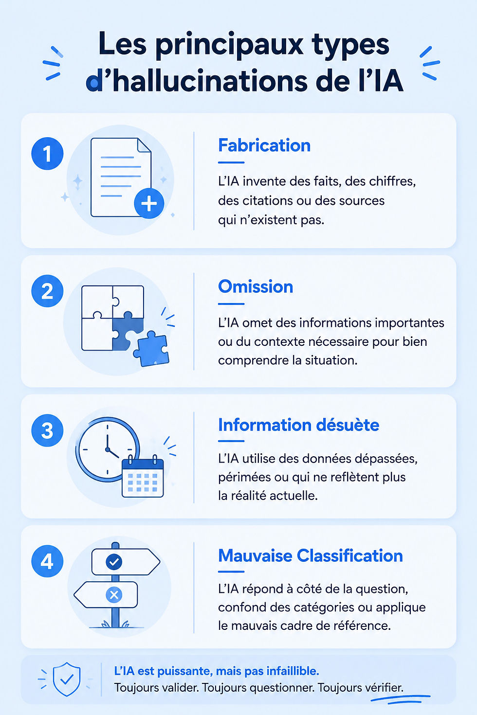 Une infographie bleu pâle présentant les quatre principaux types d’hallucinations de l’IA : Fabrication, Omission, Information désuète et Mauvaise classification, avec des icônes et de courtes explications sur les erreurs fréquentes générées par l’intelligence artificielle.