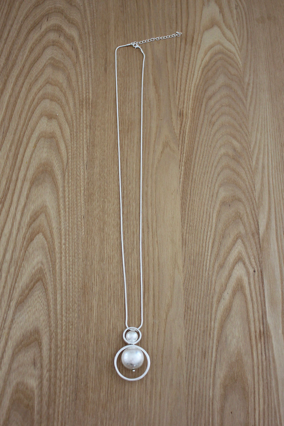 Thumbnail: Metal Necklace: Long Silver Double Ball Drop