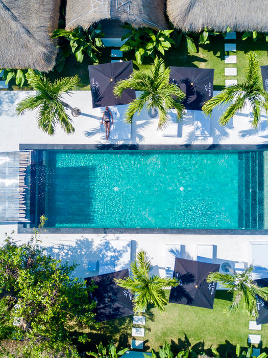 Saltwater swimming pool surrounded by tropical gardens at White Palm Recovery Hotel Uluwatu Bali.