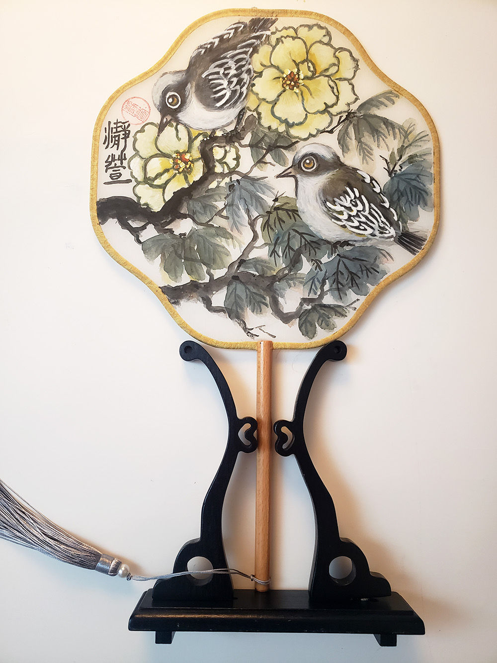 Silk Fan - Birds and White Flowers