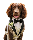 Dog wearing harness and bow tie, chaperoned by Wavy Tails at outdoor wedding in Huddersfield
