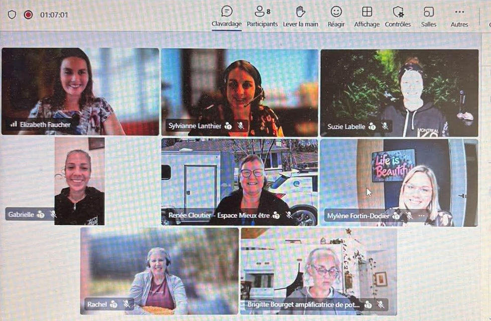 Screenshot of a virtual meeting showing eight smiling women in a grid of video tiles, with the other participants' faces blurred.