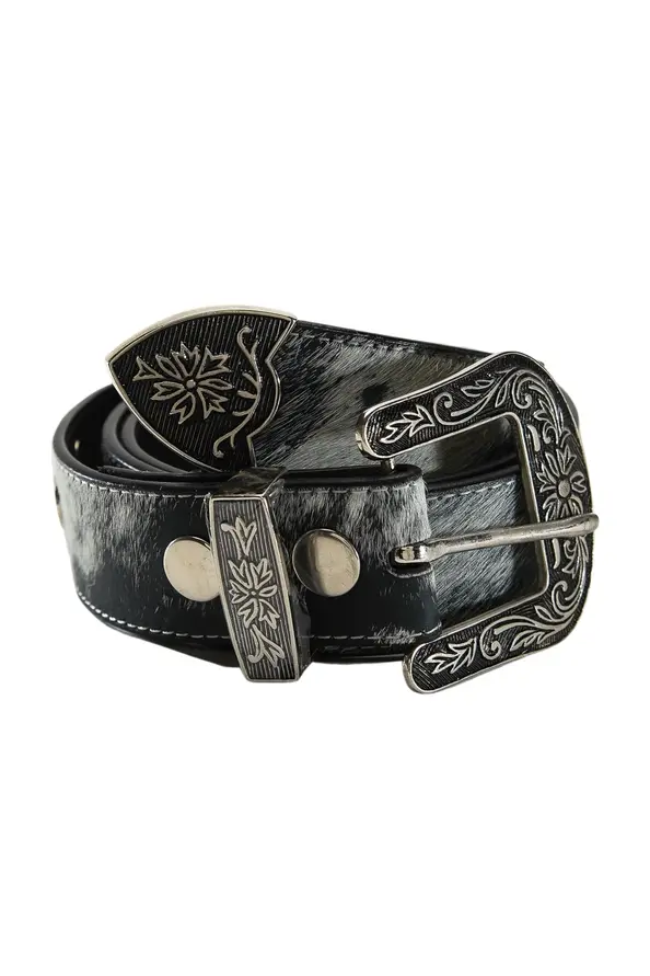 Thumbnail: Grey and white hair on hide western belt with decorative buckle and natural cowhide pattern