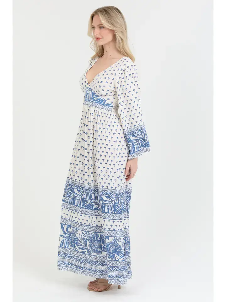 Thumbnail: V-neck bell sleeve printed maxi dress by Nostalgia with flowing bohemian silhouette
