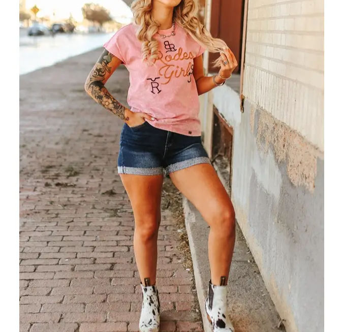 Mid wash high rise rhinestone cuffed western denim shorts with stretch fit and tummy control design