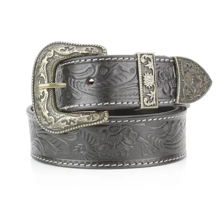 Thumbnail: embossed western leather belt with vintage engraved buckle cowgirl style
