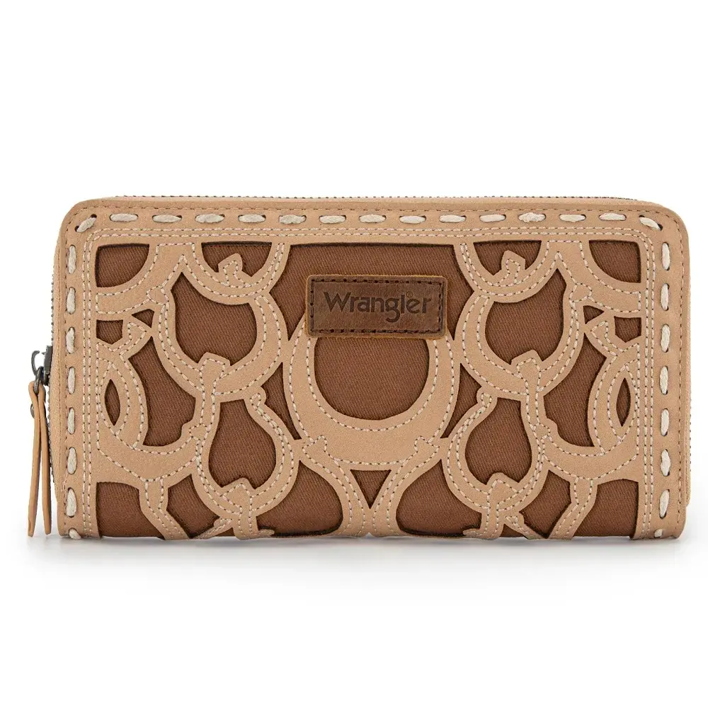 Wrangler khaki and brown PU leather zip around wallet with layered Western horseshoe cutouts, white contrast stitching and Wr