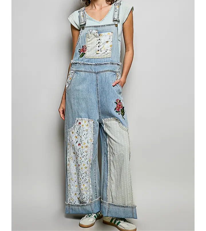 Oversized floral patchwork embroidered denim overalls by POL with wide leg fit