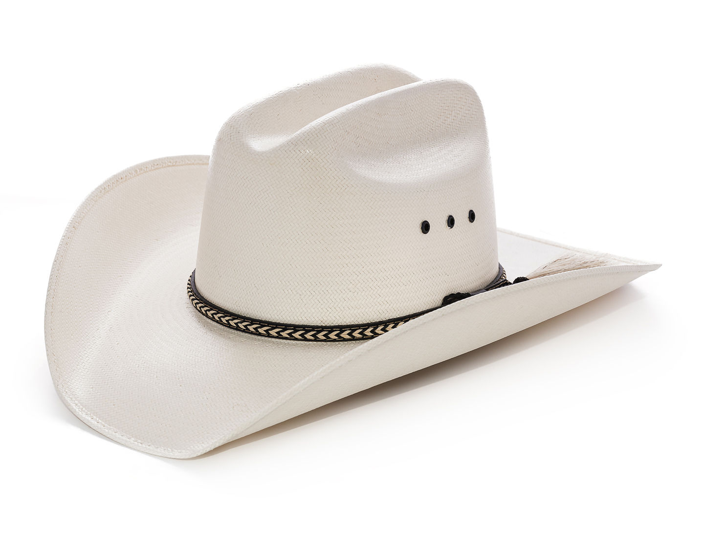 Side view of the Boone 20X ivory straw cowboy hat by Master Hatters of Texas showing the Low Cattleman crown, Pro Rodeo brim,