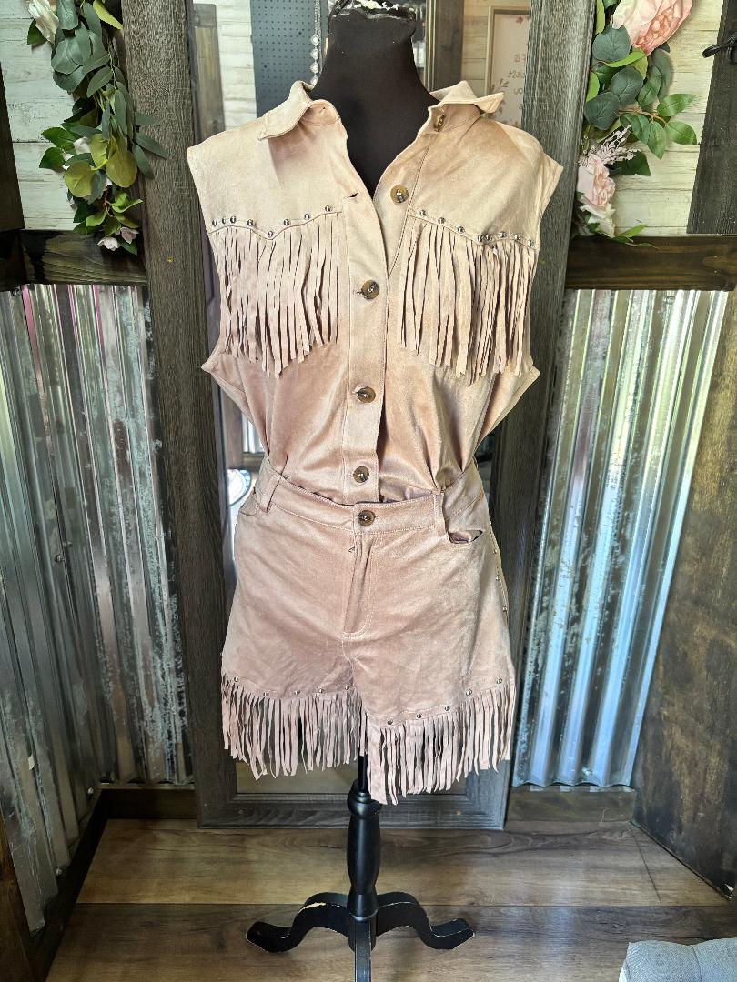 mauve western fringe sleeveless set with silver stud detailing and faux suede cowgirl style