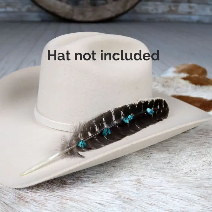 Thumbnail: Natural turkey feather cowboy hat accent with hand-sewn turquoise howlite stones for western hat styling