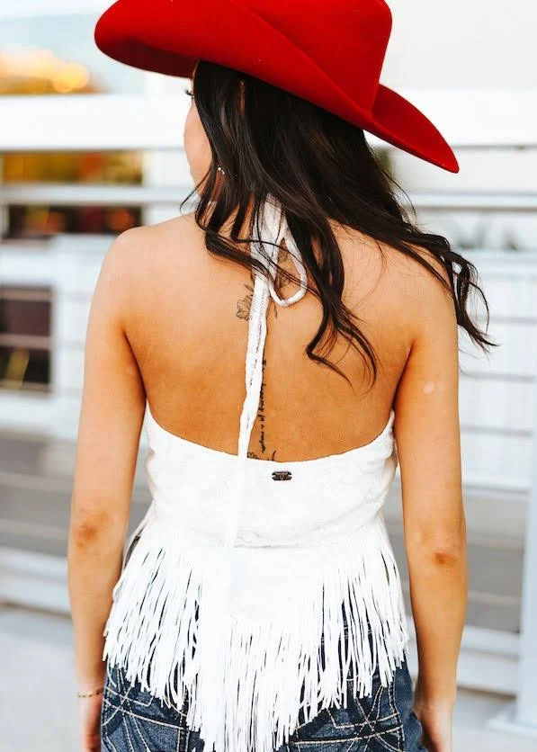 Ivory lace fringe halter top back view