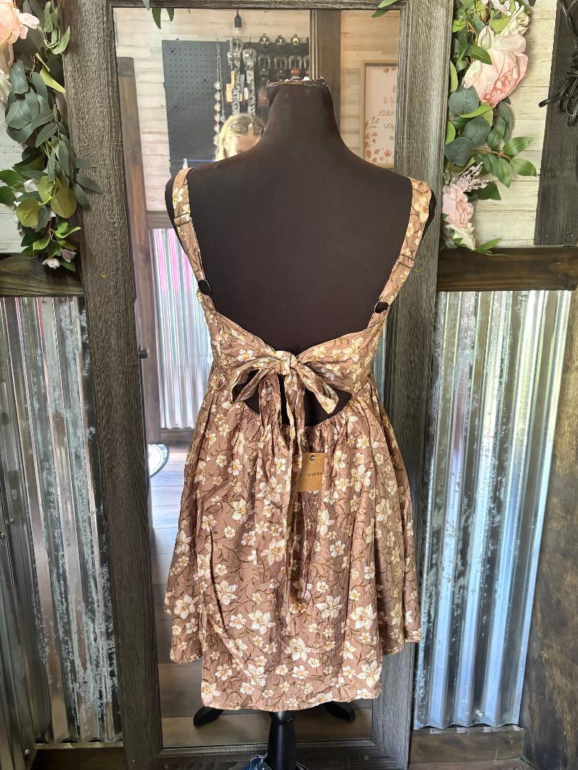 floral babydoll mini dress with square neckline and adjustable tie-back detail in mocha and neutral floral prints