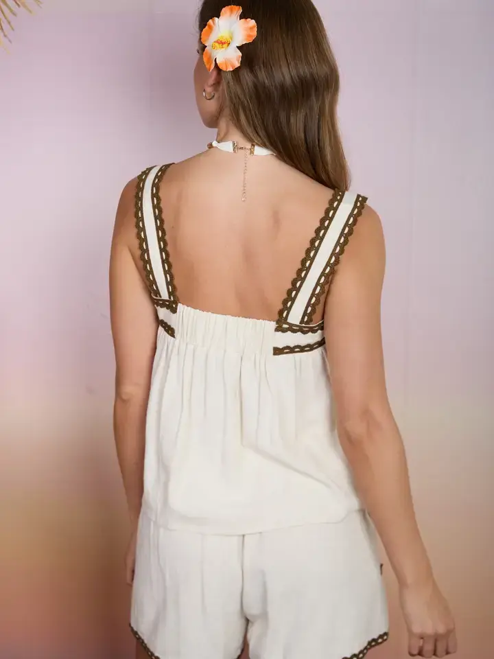 Thumbnail: cream linen blend cami top and high-waisted shorts set with mocha scalloped trim detail and relaxed coastal boho style