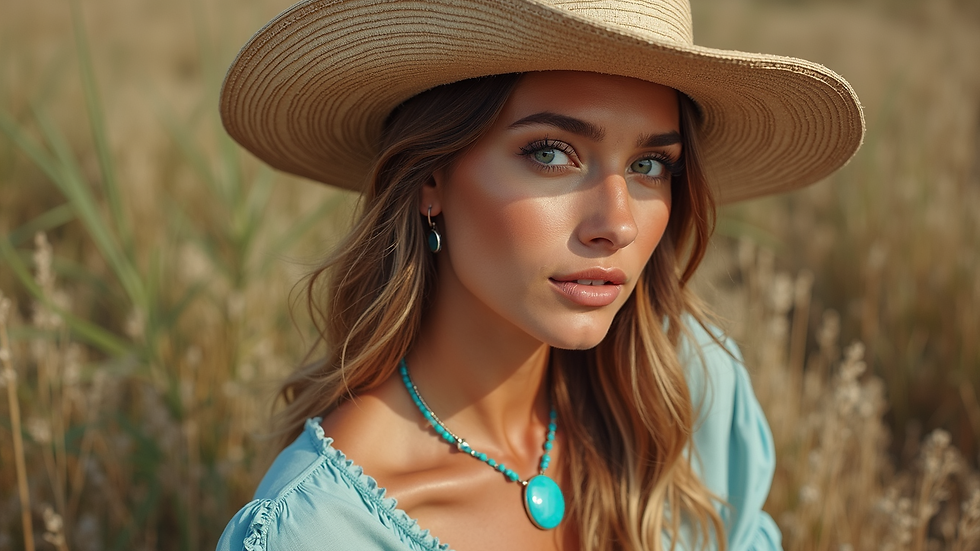 High angle view of southern-inspired accessories including a wide-brimmed hat and turquoise jewelry