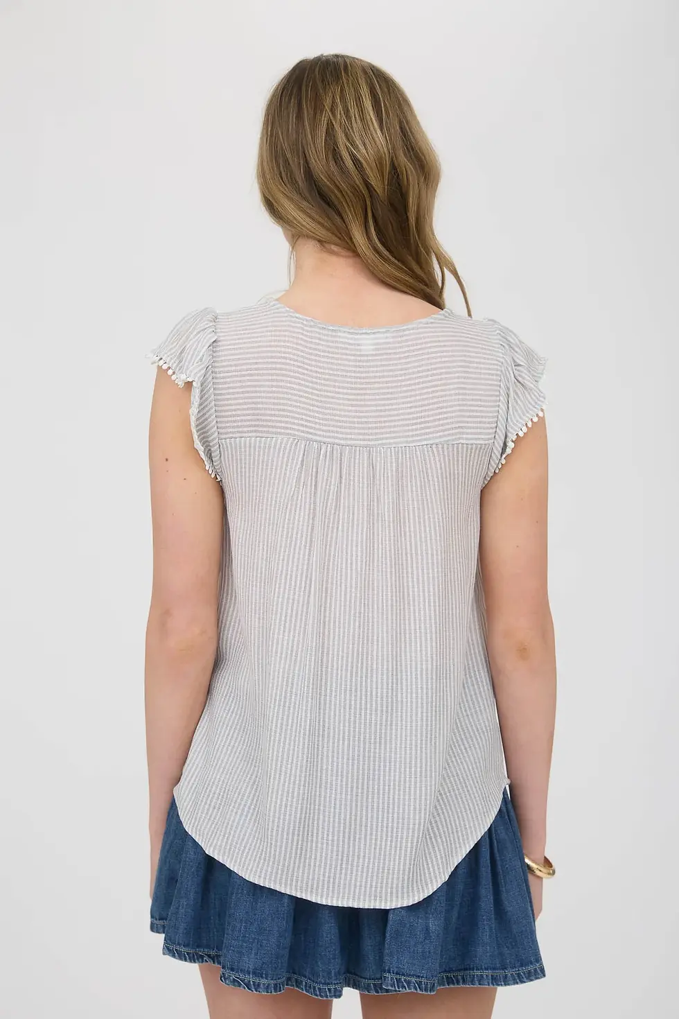 Grey stripe blouse with crochet lace detail and front tie neckline