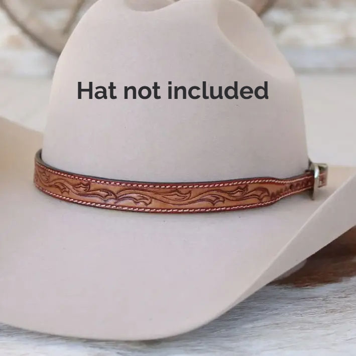 Hand-tooled chestnut leather cowboy hat band with feather and scroll design and silver buckle closure