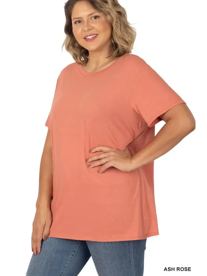 Plus size cotton boyfriend round neck relaxed fit t-shirt in Ash Rose, Green Mint, and Ocean Blue