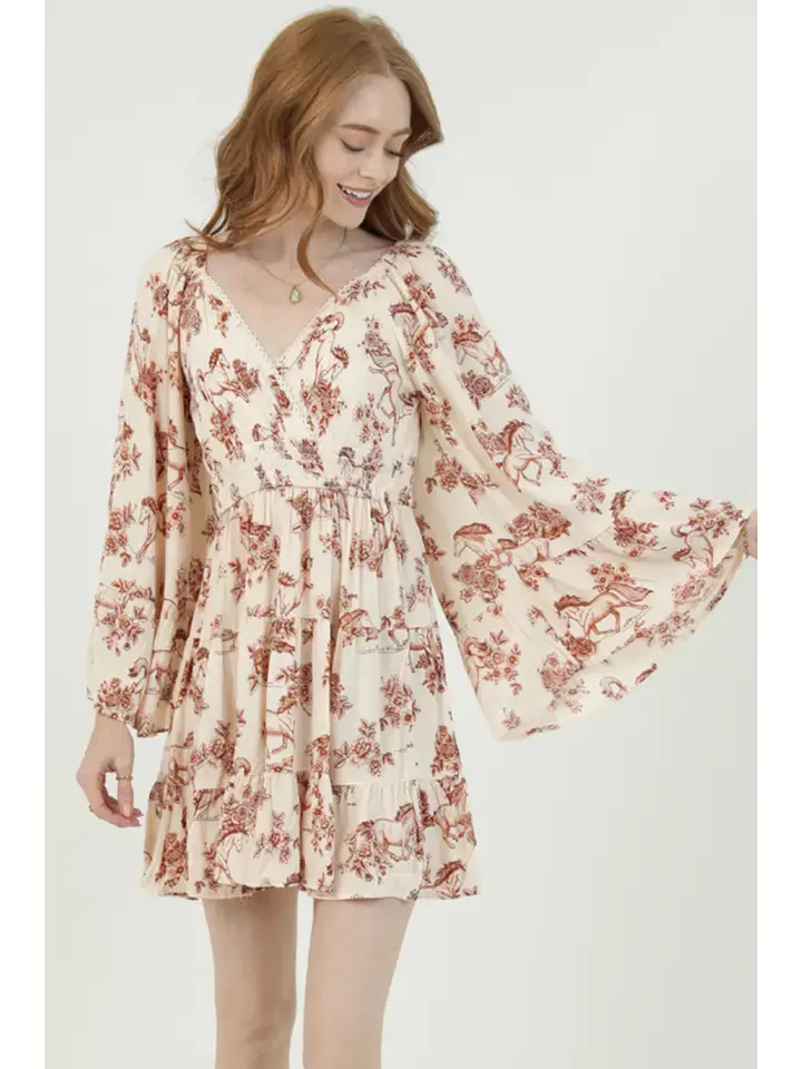 Thumbnail: cream horse floral print western boho mini dress with bell sleeves and v-neckline by Angie boutique clothing