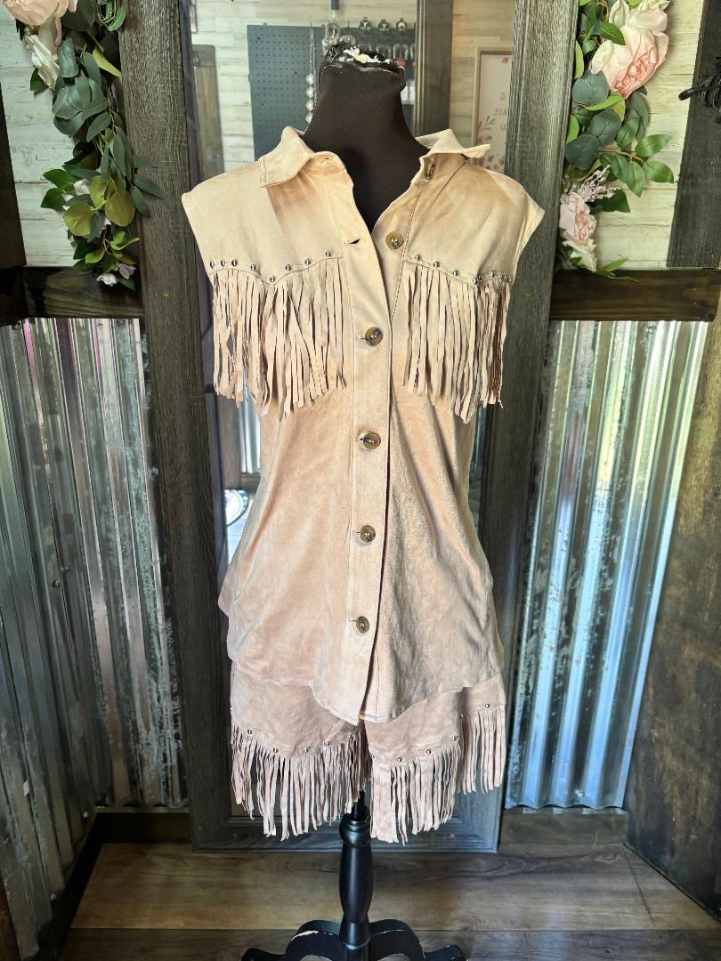 mauve western fringe sleeveless set with silver stud detailing and faux suede cowgirl style