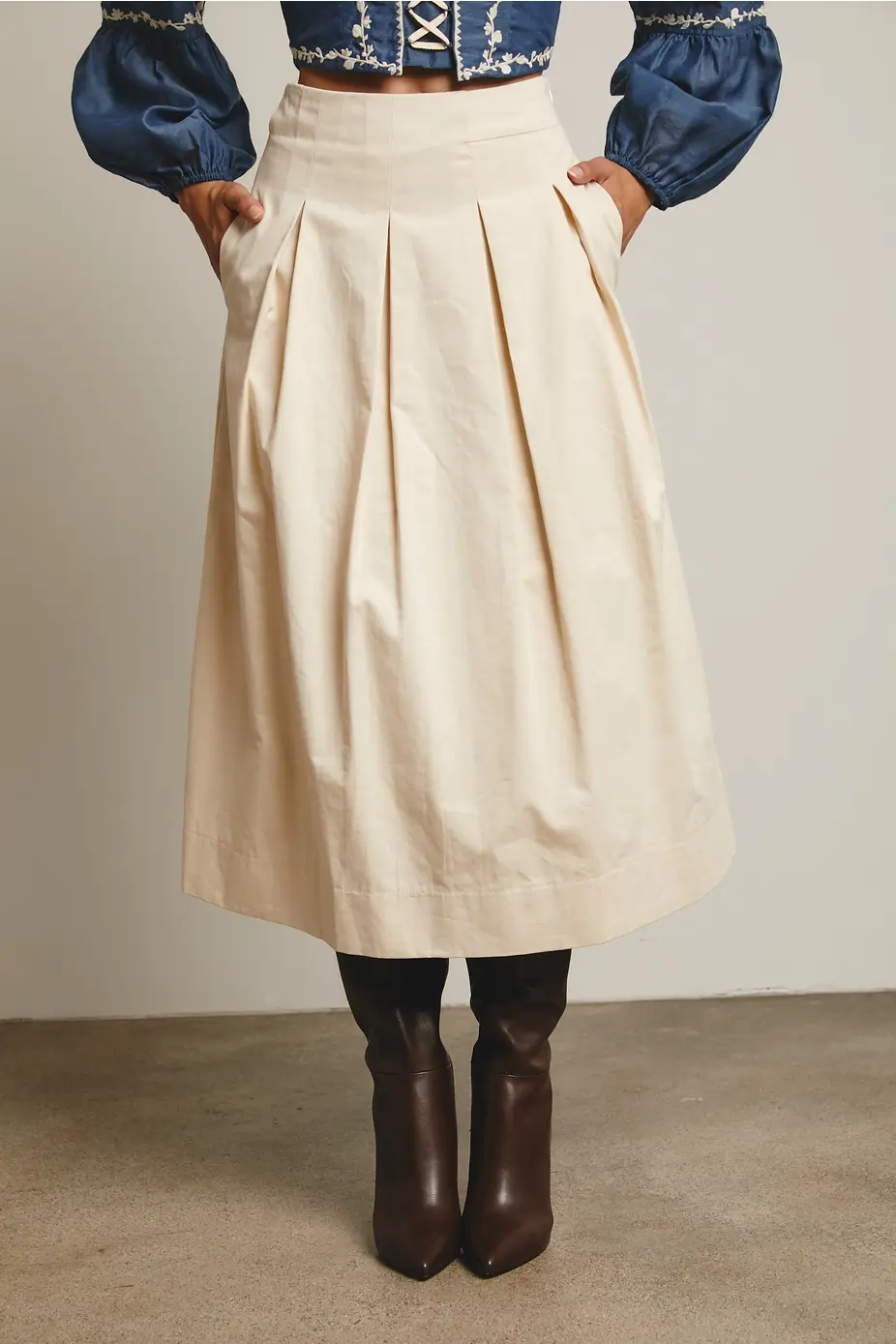 Cream Pleated A-Line Midi Skirt from Listicle – Women’s Elegant Pleated Midi Skirt