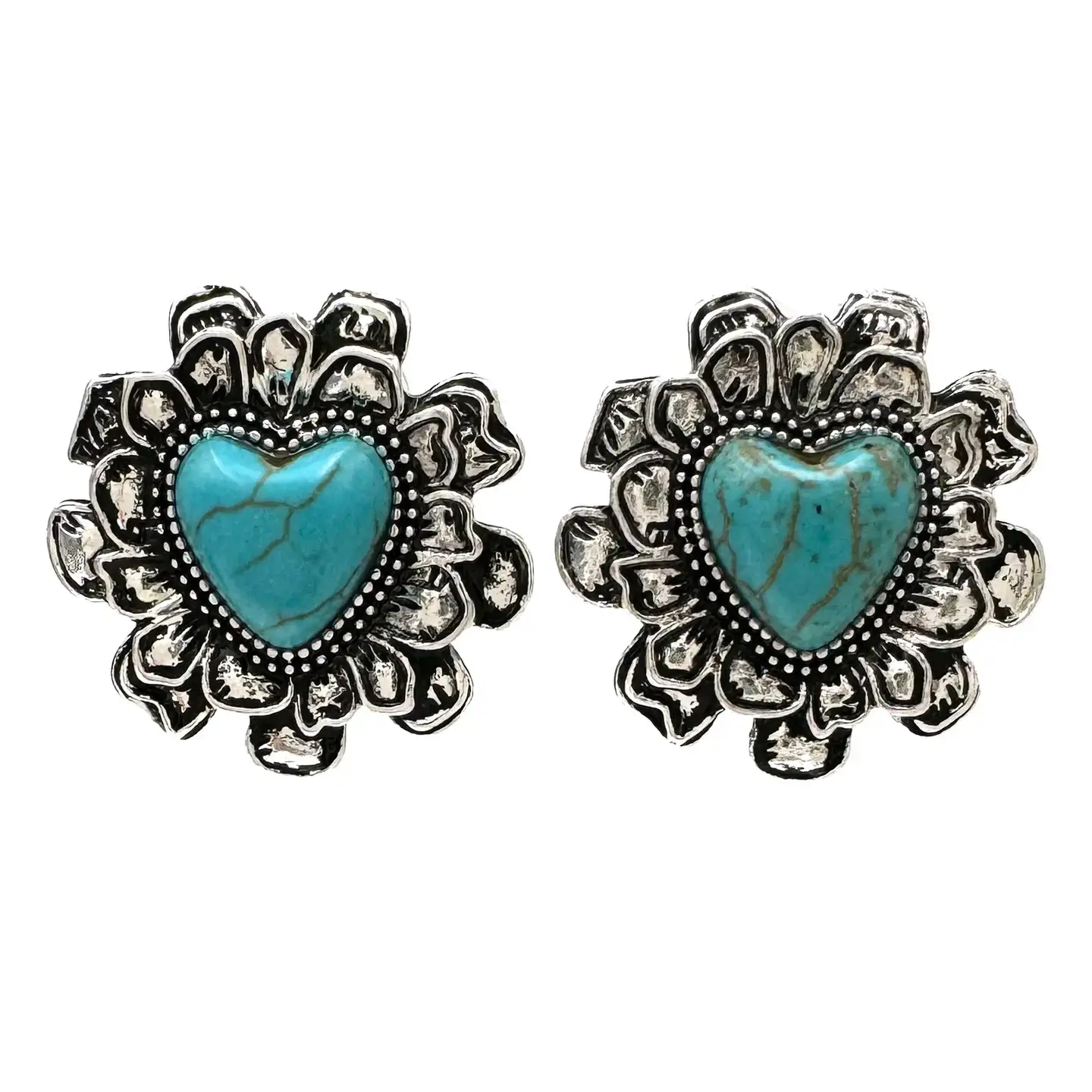 Desert Bloom Turquoise Heart Earrings with heart-shaped florl design and turquoise stone accents.