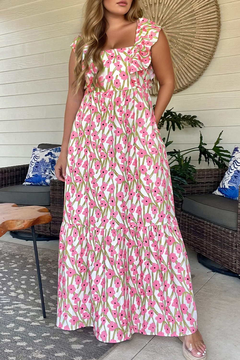 Kaylani Pink Floral Plus Size Maxi Dress Front