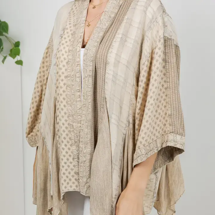 Thumbnail: Boho mixed pattern kimono cardigan with asymmetrical hem, open front, and lightweight textured rayon fabric
