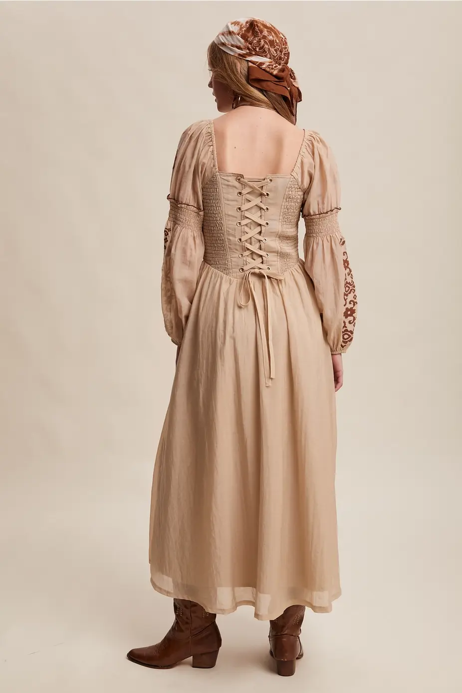 Taupe Embroidered Square Neck Princess Dress with western-inspired embroidery and puff sleeves.