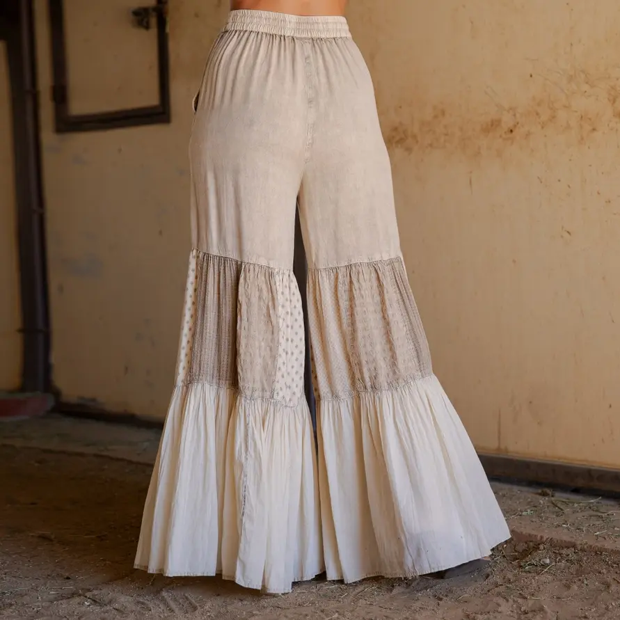Thumbnail: Boho tiered wide-leg pants with mixed knit and woven prints, elastic waist, and relaxed flowy fit